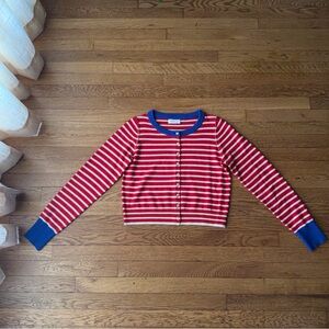ANTHROPOLOGIE Red and White Striped Cardigan with Blue Accents